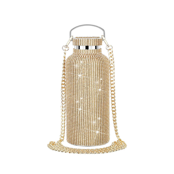 Rhinestone Decor Double Walled Stainless Steel Insulated Bottle - Gold