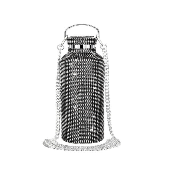 Rhinestone Decor Double Walled Stainless Steel Insulated Bottle - Black
