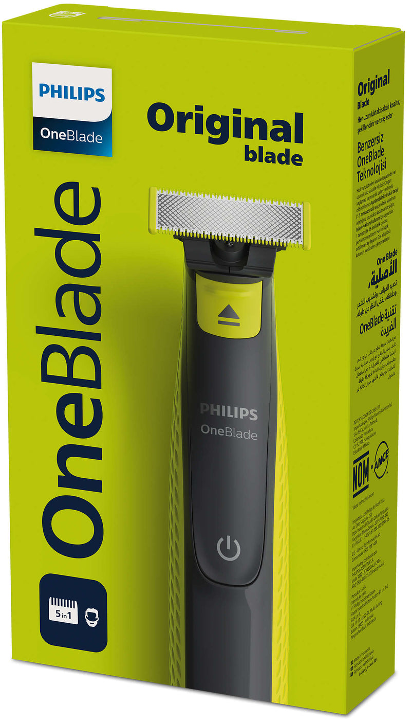 OneBlade, 45 min run time/8hour charging (NiMH, Adaptor), Original blade, Stubble combs comb (1,3,5 mm), Arrows packaging concept