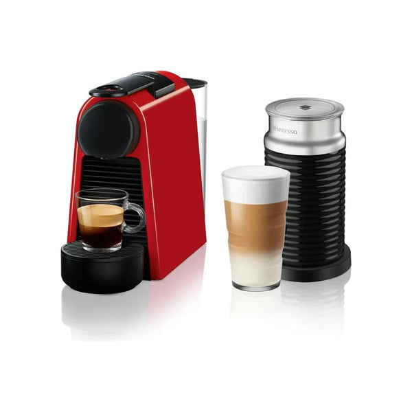 Nespresso Essenza Bundle 1450w Mini Automatic Espresso Machine With Aeroccino Milk Frother - Ruby Red + Free Coffee Voucher.