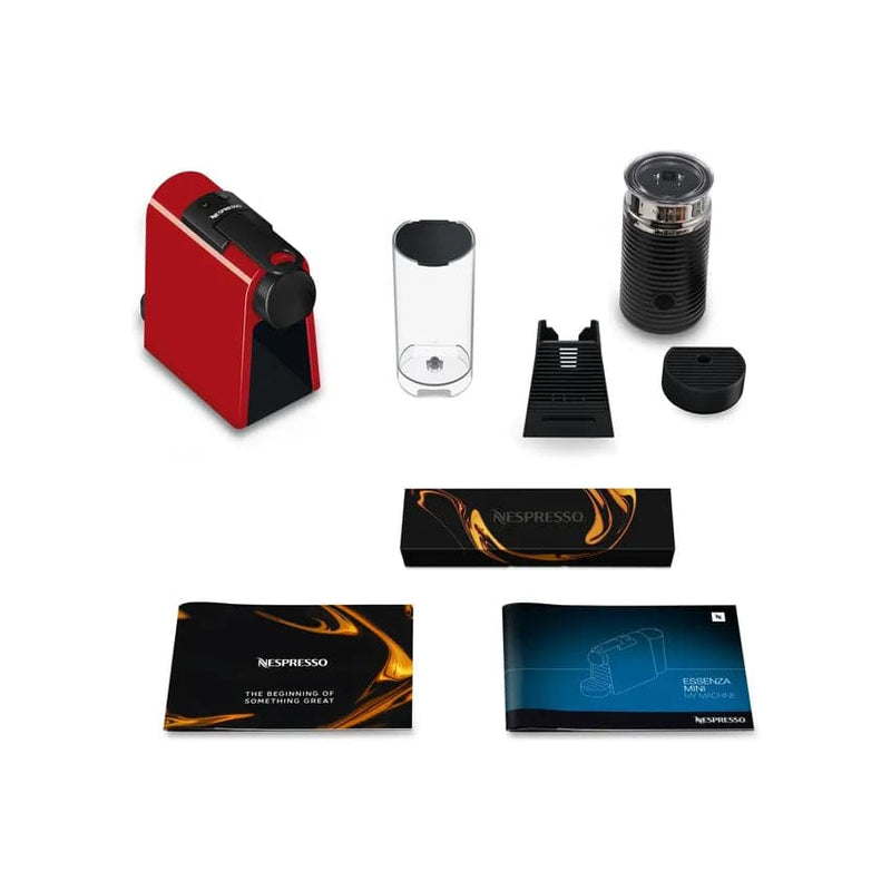 Nespresso Essenza Bundle 1450w Mini Automatic Espresso Machine With Aeroccino Milk Frother - Ruby Red + Free Coffee Voucher.