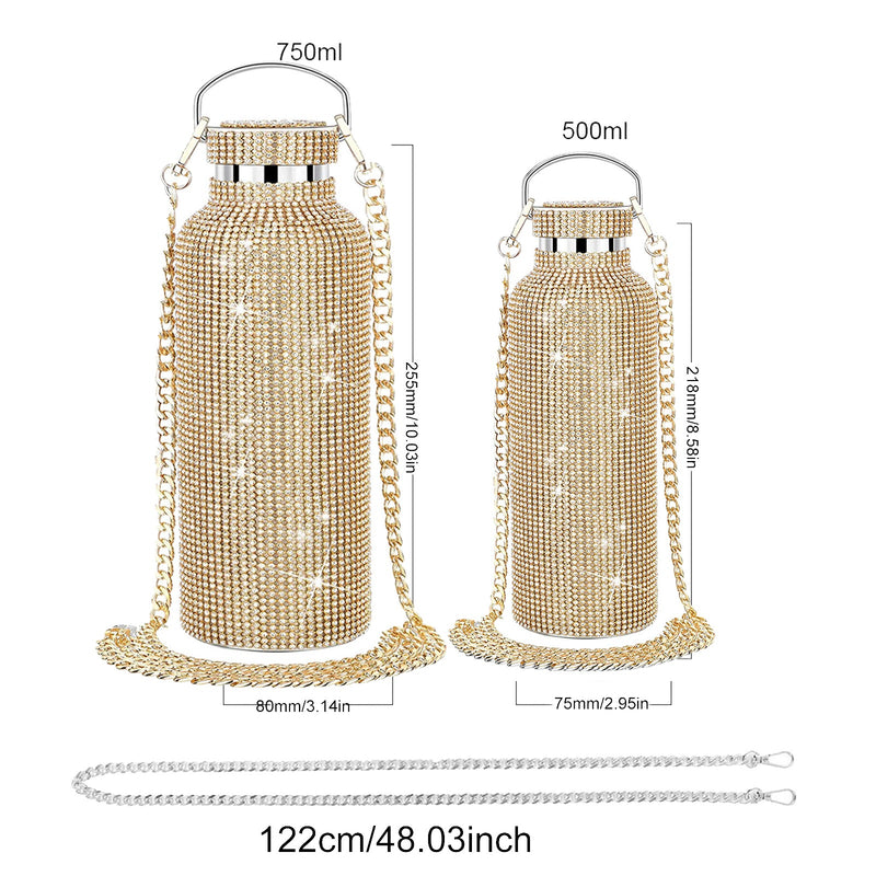 Rhinestone Decor Double Walled Stainless Steel Insulated Bottle - Gold