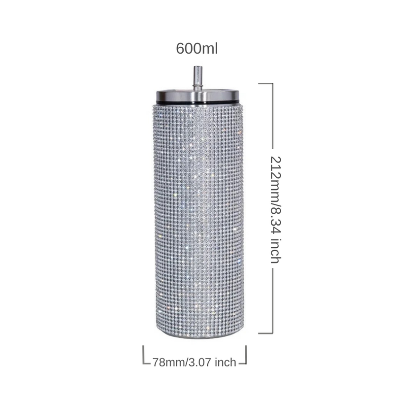Rhinestone Decor Double Walled Stainless Steel Insulated 600ml Tumbler With Straw - Silver