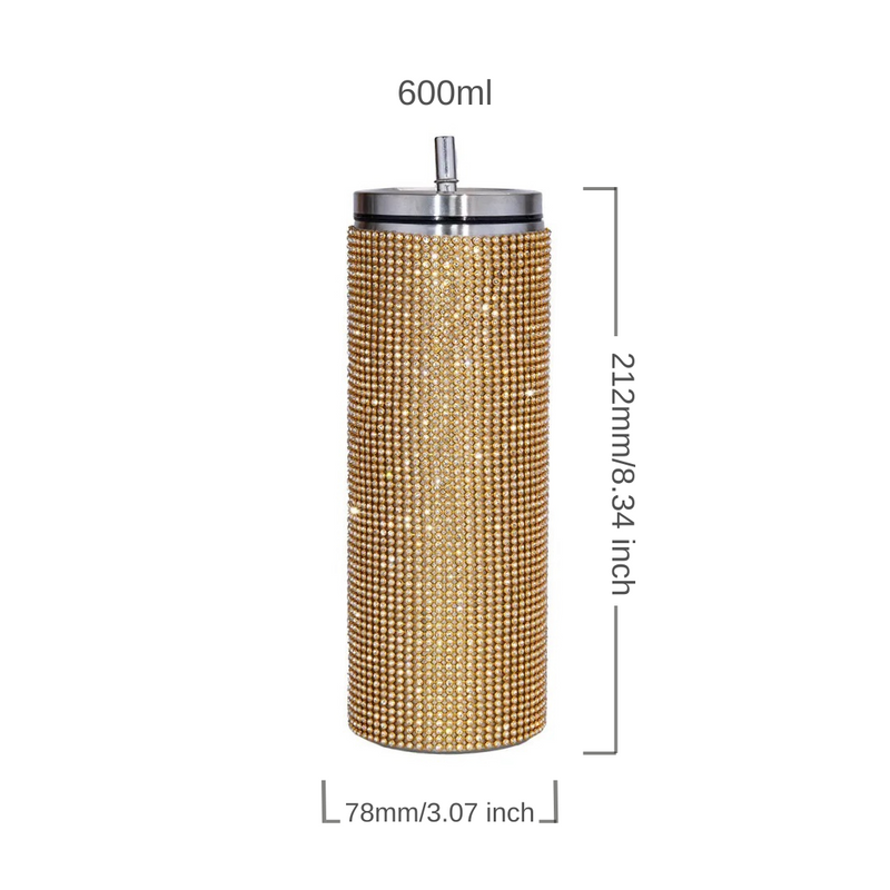 Rhinestone Decor Double Walled Stainless Steel Insulated 600ml Tumbler With Straw - Gold