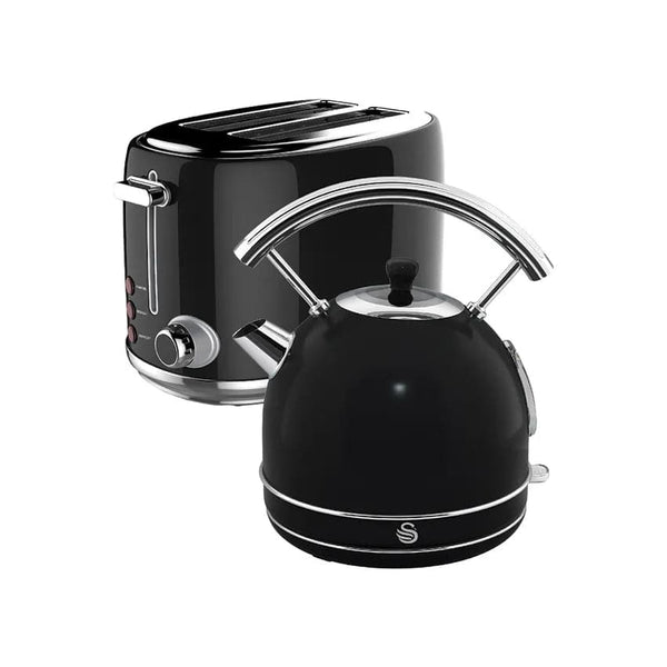 Swan Retro Dome Cordless Kettle & 2 Slice Toaster - Black.