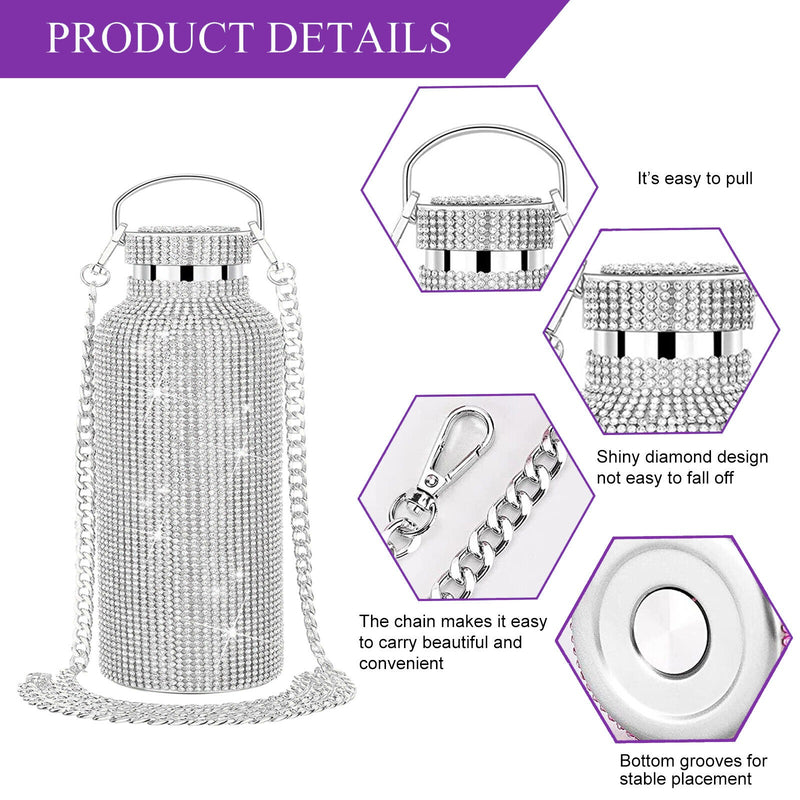 Rhinestone Decor Double Walled Stainless Steel Insulated Bottle - Silver