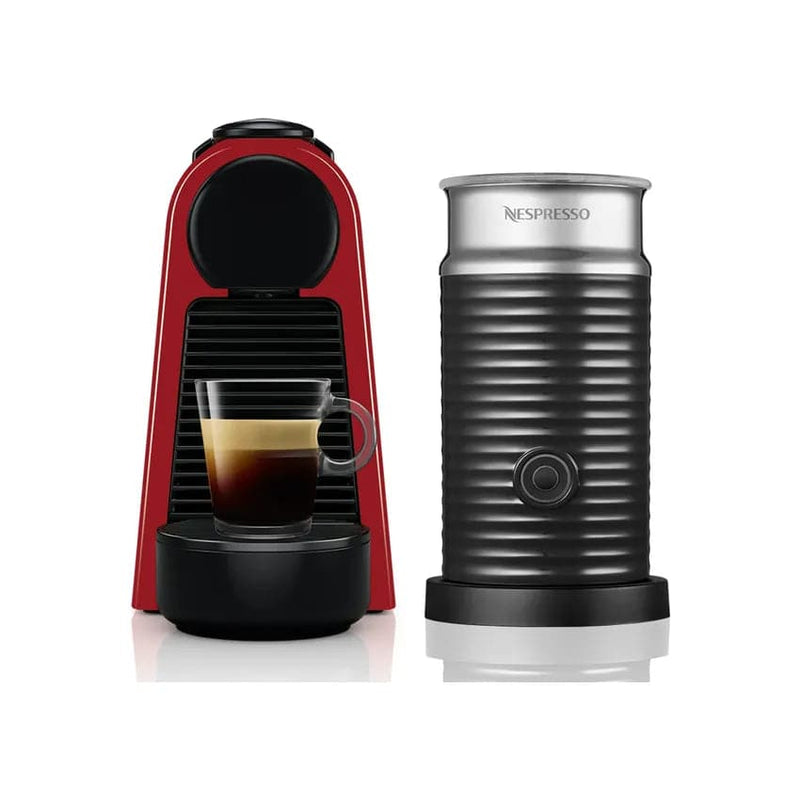 Nespresso Essenza Bundle 1450w Mini Automatic Espresso Machine With Aeroccino Milk Frother - Ruby Red + Free Coffee Voucher.