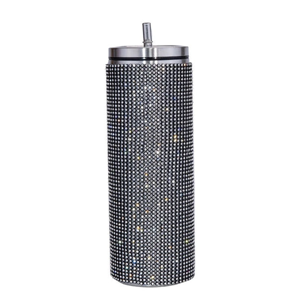 Rhinestone Decor Double Walled Stainless Steel Insulated 600ml Tumbler With Straw - Black