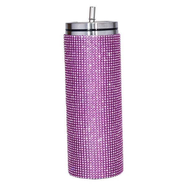 Rhinestone Decor Double Walled Stainless Steel Insulated 600ml Tumbler With Straw - Pink