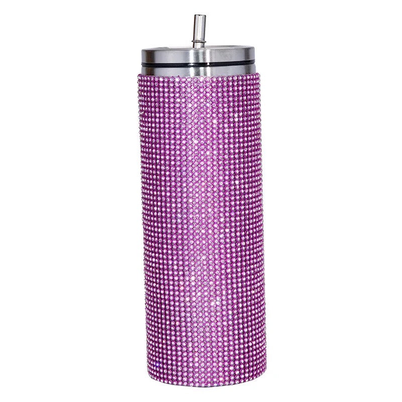 Rhinestone Decor Double Walled Stainless Steel Insulated 600ml Tumbler With Straw - Pink