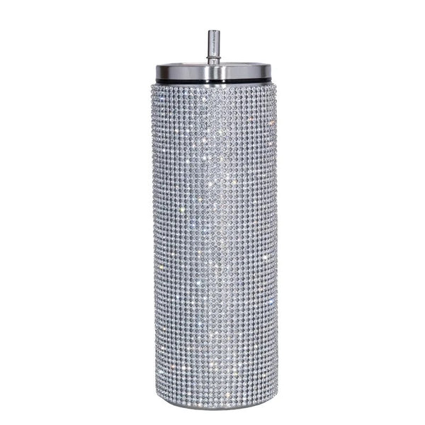 Rhinestone Decor Double Walled Stainless Steel Insulated 600ml Tumbler With Straw - Silver