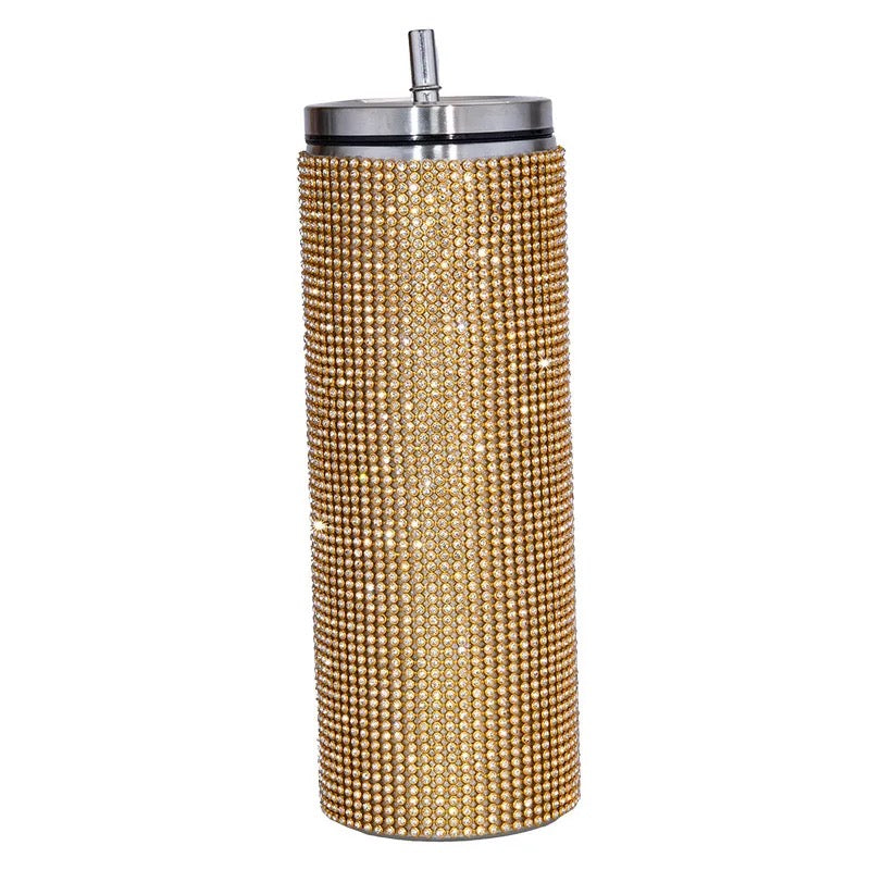 Rhinestone Decor Double Walled Stainless Steel Insulated 600ml Tumbler With Straw - Gold