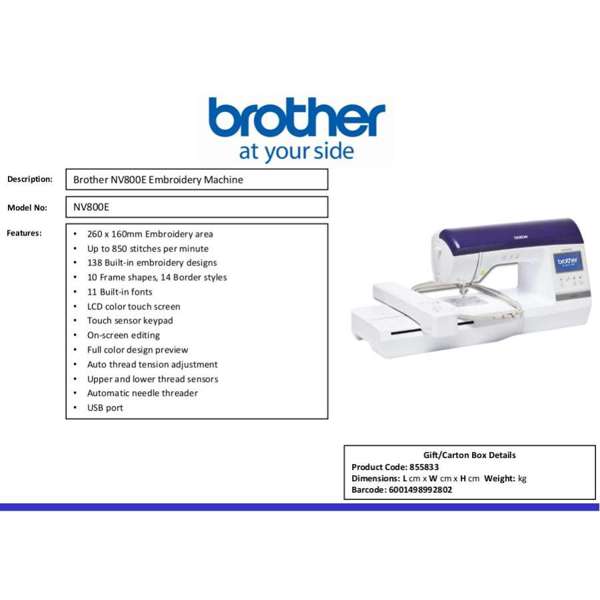 Nv800e Brother Embroidery Only Machine.