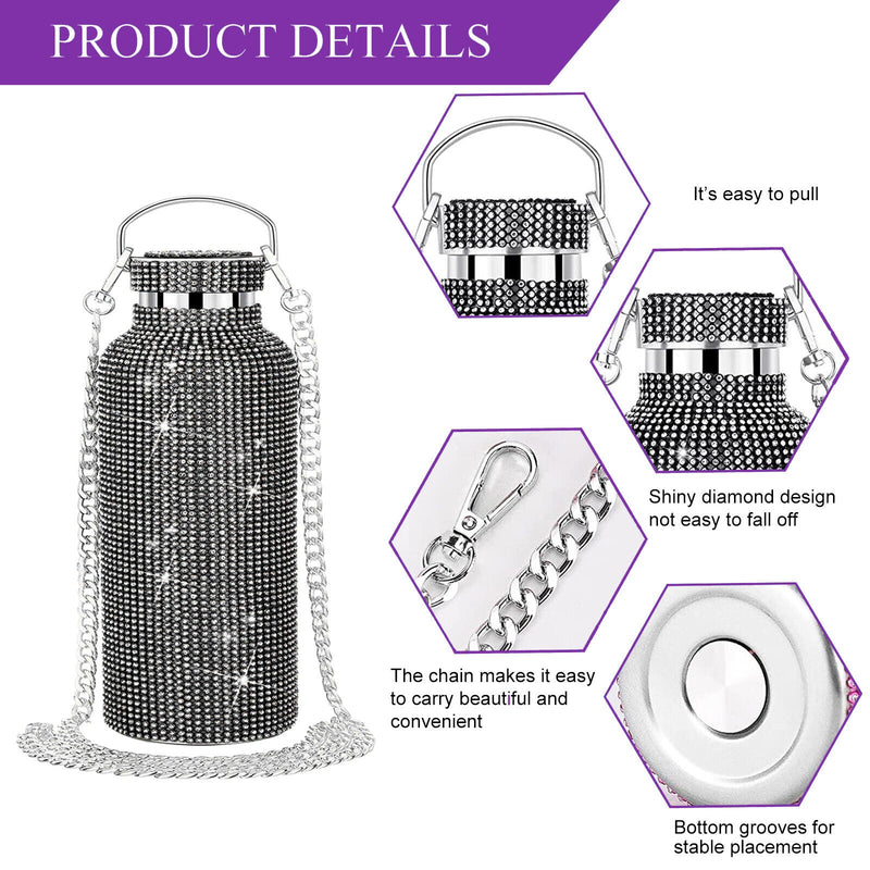 Rhinestone Decor Double Walled Stainless Steel Insulated Bottle - Black