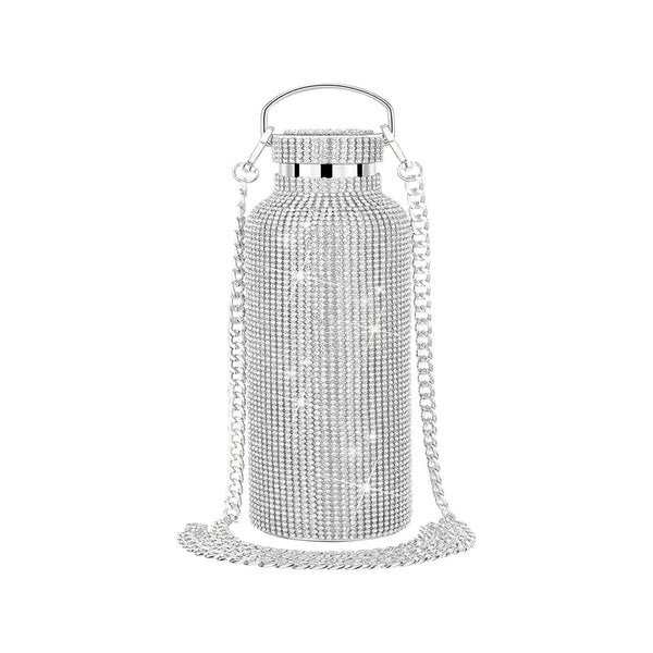 Rhinestone Decor Double Walled Stainless Steel Insulated Bottle - Silver